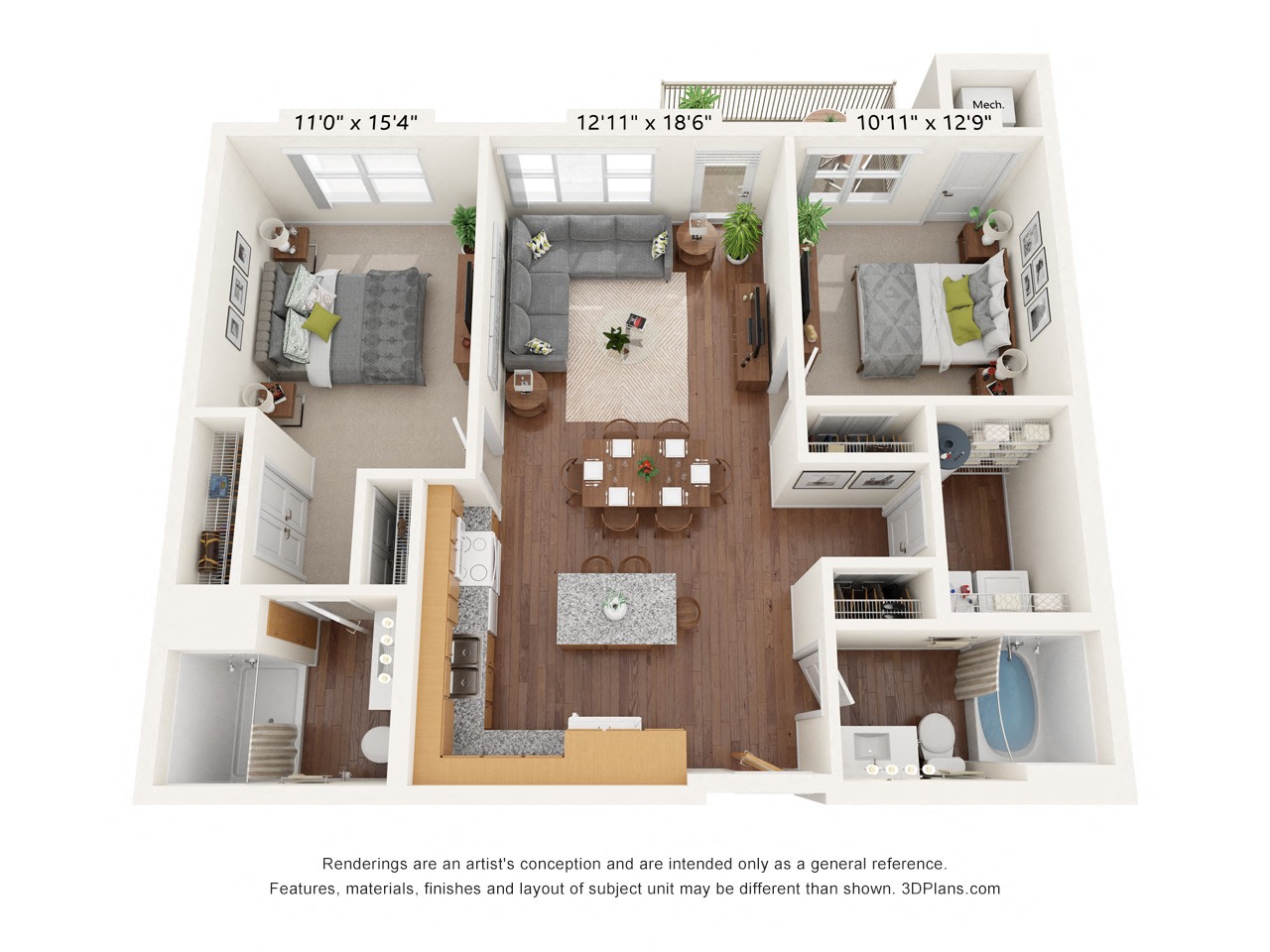 Floor plan for 2 beds, 2 baths, 975 sqft